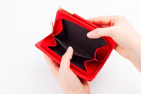 Female hands with an empty wallet on white background