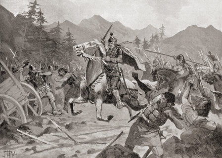 Basil II fighting the Bulgarians in 1017.  Basil II, aka  Basil the Porphyrogenitus, Basil the Young and  Bulgar Slayer, 958 – 1025.  Byzantine Emperor from the Macedonian dynasty. After the painting ...