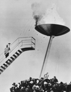 Olympic Winter Games opened in Innsbruck, Josl Rieder lights the Olympic fire;