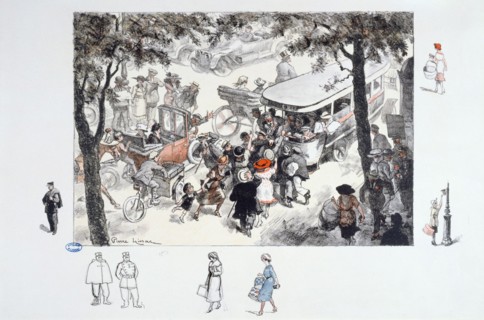 KISS - THE RISE IN THE BUS "La Montée dans l'autobus", gravure de Pierre Lissac, dit Kiss. Paris, musée Carnavalet.