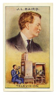 An old cigarette card (c. 1929) with a portrait of John Logie Baird FRSE (1888–1946) and an illustration of his tevevision. Baird was a Scottish inventor, electrical engineer, and innovator, demonstra...