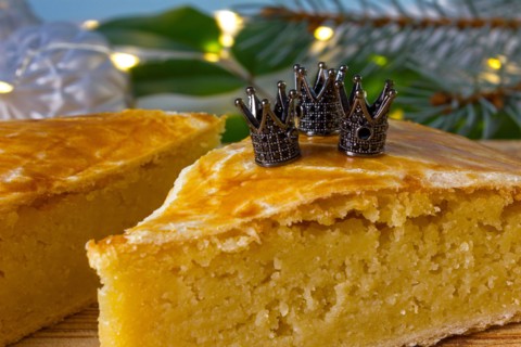 Three kings cake or galette des rois in French. Traditional epiphany cake with decorative crown.