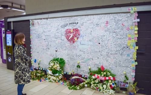 Archive image taken on 4 June 2016 showing a memorial stone with wishes and messages of support at Maelbeek / Maalbeek metro station in Etterbeek, in