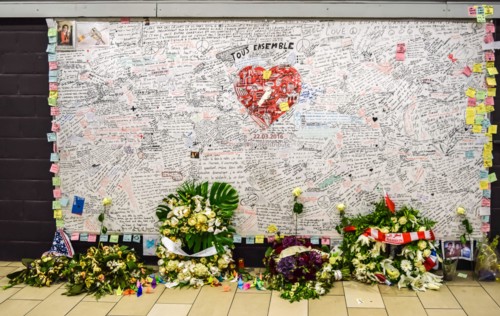 Archive image taken on 4 June 2016 showing a memorial stone with wishes and messages of support at Maelbeek / Maalbeek metro station in Etterbeek, in