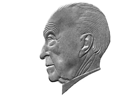 Portrait of Konrad Adenauer from 2 Deutsch Mark coin, West Germany, 1986, on white background