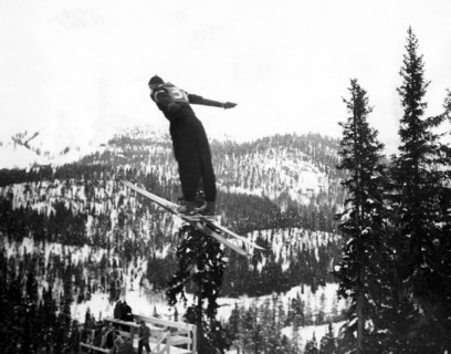 Feb. 3, 1948 - St. Moritz, Switzerland - American competitor CORY ENGEN making his leap during the ski-jumping event of the Olympic Games in St. Moritz, Switzerland. (Credit Image: © KEYSTONE Pictures...
