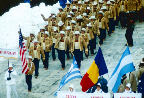 Scott Hamilton, Flag bearer leads Team USA marching in the Opening ceremonies at the 1980 Olympic Winter Games, Lake Placid, New York, USA