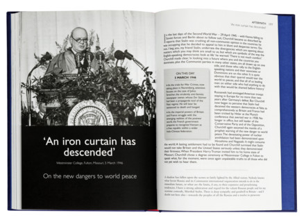 An Iron Curtain has Descended:  A page from an Illustrated book of Winston Churchill's famous wartime speeches