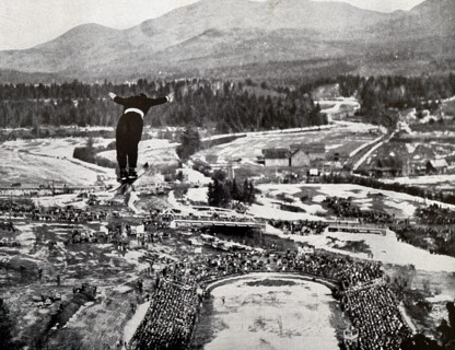 Photograph of the Ski jump at Lake Placid during the 1932 Winter Olympic games. It was won by Birger Ruud (1911 - 1998) from Norway.