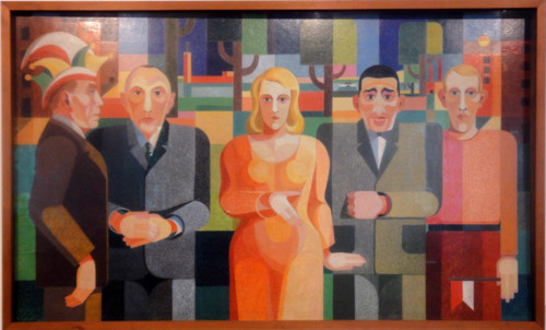 . Zeitgenossen .  Deutsch: Auf dem Bild: Sänger Willi Ostermann, Oberbürgermeister Konrad Adenauer, Soubrette Trude Alex, Boxer Hein Domgörgen, der Künstler Heinrich Hoerle selbst . 1931/1932 140 Hoer...