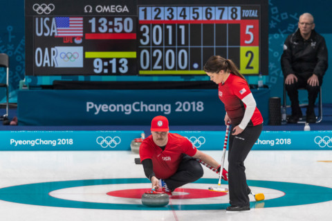 Matt and Rebecca Hamilton (USA) competing in the Mixed Doubles Curling round robin at the Olympic Winter Games PyeongChang 2018