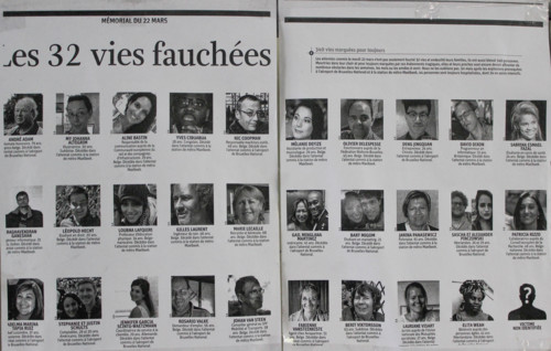 March 2016, Brussels Maalbeek metro station, Belgium, Terrorist attack that took place on March 22. Poster with the victims. In memoriam