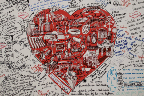 March 2016, Brussels Maalbeek metro station, Belgium, Terrorist attack that took place on March 22. Poster with the victims. In memoriam