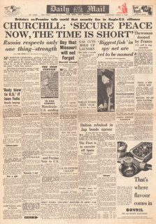 1946 Daily Mail newspaper front page Churchill's (Iron Curtain) Speech in Fulton