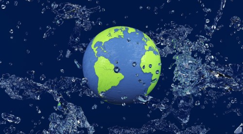 World Ocean Day splash water around the earth globe. Planet earth on background of water splashes, illustration for world oceans day. 3d illustration.