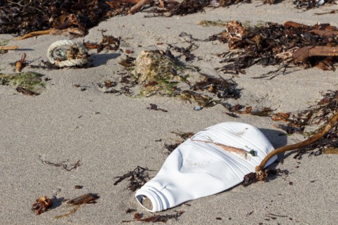 Plastic bottle and rope on a beach in Brittany