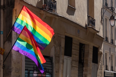 Lgbtq flags hanging at historic building corner during Paris pride. LGBTQIA culture symbol. Bright gay flags waving in wind at sunny day in Paris, Fra