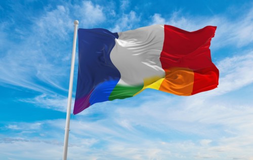 national lgbt flag of France flag waving in the wind at cloudy sky. Freedom and love concept. Pride month. activism, community and freedom Concept. Co