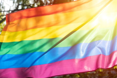 LGBTQ rainbow colors flag, a symbol for the homosexual community, waving in the wind and shines by sunlight. Gay flag for pride month and the celebrat
