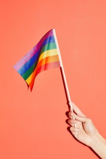 Vibrant shot of female hand holding rainbow flag at pink background as symbol for pride month LGBTQ