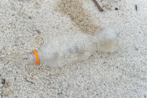 Plastic bottle waste on the white sand beach in nature landscape