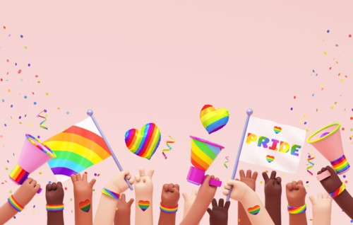 Pride festive banner background with multi ethnic hands, flags, megaphones and copy space for LGBTQIA+ Pride month, love diversity celebration and the