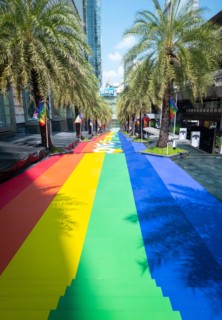Gay rainbow flag decorated on street on LGBT pride month in Bangkok.
