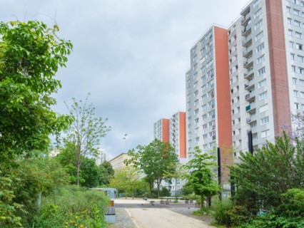 Paris, France - May 12th 2023: Green spaces between housing blocks close to Riquet