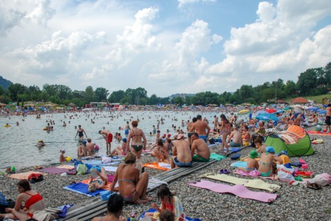 Tuzla, Bosnia and Herzegovina: Pannonian Lakes Complex. Overcrowded open swimming pools during peak of tourist season. Panonska jezera.