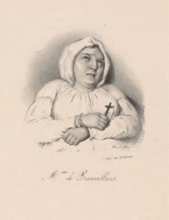 Portrait of Madame de Brinvilliers, M.ise de Brinvilliers, Print after a drawing made on the day of her execution., print maker: anonymous, after drawing by: Charles Le Brun, printer: veuve Delpech (N...