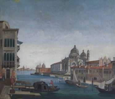 This oil painting, attributed to an imitator of Canaletto, depicts the iconic entrance to the Grand Canal in Venice, with the Santa Maria della Salute church prominently featured. The work, dating fro...