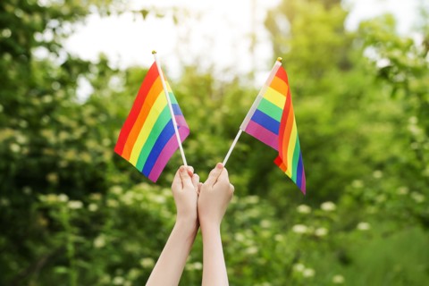 Teenager Holds Two Rainbow Flag LGBT in his Hands Outdoor. Pride Month. Lesbian Gay Bisexual Transgender. Love, human rights, tolerance