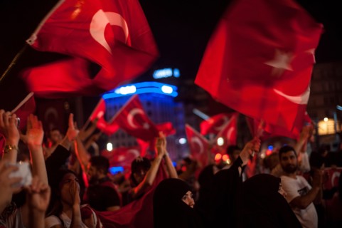 Istanbul, Turkey. July 19th 2016 Turkish pro government supporters in Taksim square waving flags celebrating a failed attempted coup on July 15th