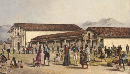 This cropped 19th-century photograph, taken by Oriana Day, depicts the Mission San Francisco de Asís, the oldest building in San Francisco. The mission was founded in 1776 and played a central role in...