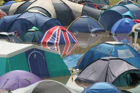 The Pennard Hill campsite flooding at the Glastonbury music festival 2005. Worthy Farm Someret England.