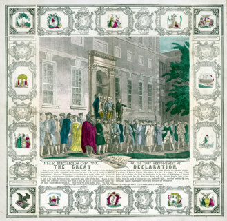 Signers of the Declaration of Independence leaving Independence Hall announcing the independence to the people 1776