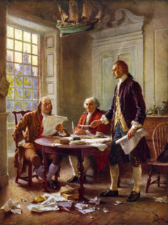 Painting by Jean Leon Gerome Ferris showing the Founding Fathers drafting the US Declaration of Independence in 1776.