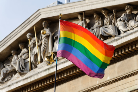 Gay pride rainbow flag. LBGT History Month prelaunch at The British Museum. London. UK 2009.