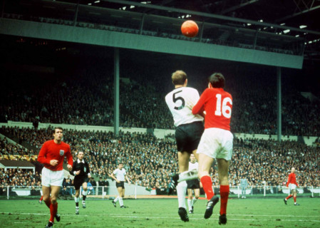World Cup Final 1966 England 4 West Germany 2 at Wembley London Martin Peters heads ball as Geoff Hurst watches