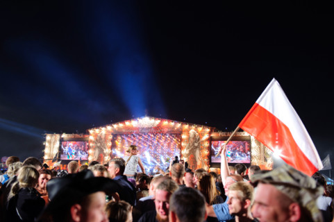 Illuminated stage at the Przystanek Woodstock - Europe's largest open air festival in Kostrzyn, Poland