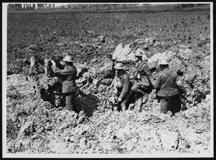 A dog delivers a message to Allied forces, with a shell hole serving as a makeshift post. During World War I, animals, particularly dogs, played crucial roles in delivering messages under dangerous co...