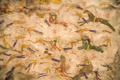 Native American Indian deer hide painting drawing depicting The Battle of the Little Bighorn or Custer's Last Stand.