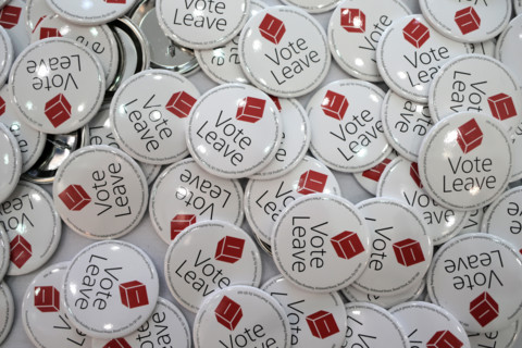 Newcastle Upon Tyne, TYNE AND WEAR/UK - APRIL 16th 2016 - Vote Leave badges at a speech by Mayor of London Boris Johnson.