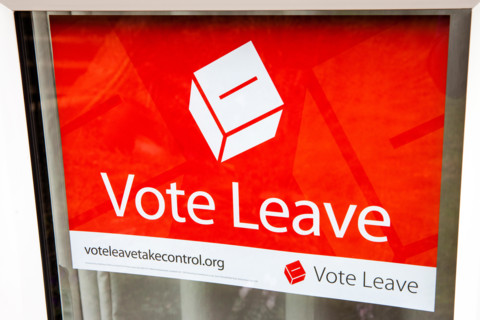 LONDON, UK - MARCH 3RD 2016: A Vote Leave campaign poster displayed in a residential house in London, on 3rd March 2016.