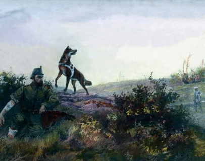 Ein Sanitätshund findet einen verletzten deutschen Soldaten. A dog of a corpsman finds a wounded German soldier. Germany, war, World War, WWI, 1, history, historical, 1910s, 20th century, archive, Car...