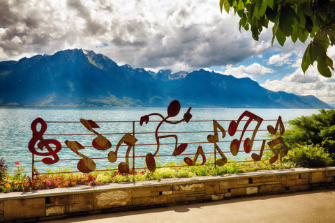 Lakeshore Walkway along Lake Geneva with Musical Notes Fence, Montreux, Vaud Canton, Switzerland