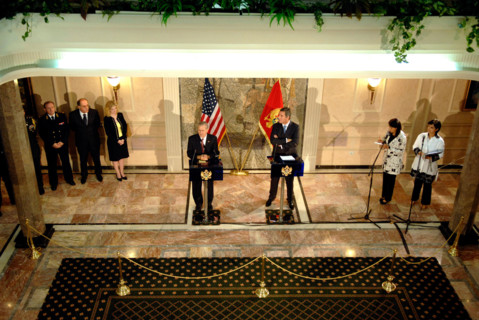 U.S. Secretary of Defense addresses media at Villa Gorica, Montenegro, on September 26, 2006, recognizing Montenegro's independence and supporting its integration with European institutions.