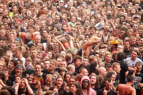 Kostrzyn, Poland - August 05, 2017: People having fun at a concert during the 23rd Woodstock Festival Poland.