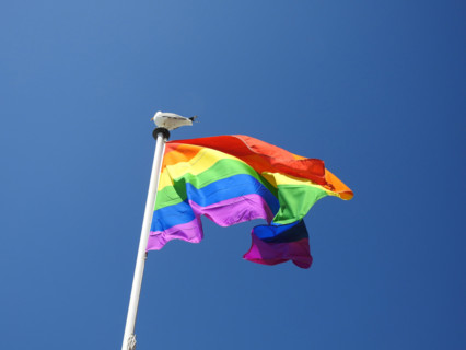 Rainbow Flag Flying in Nice, France on on Sunny Day and Blue Sky with bird