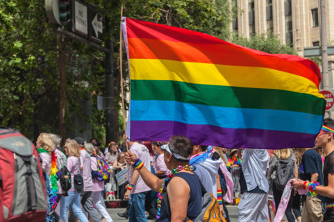 Man holds a Rainbow Pride Flag at the San Francisco Pride Parade 2019, California, USA